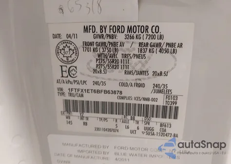 2011 Ford F-150 Fx4 z USA, uszkodzony, nr VIN 1FTFX1ET6BFB63878